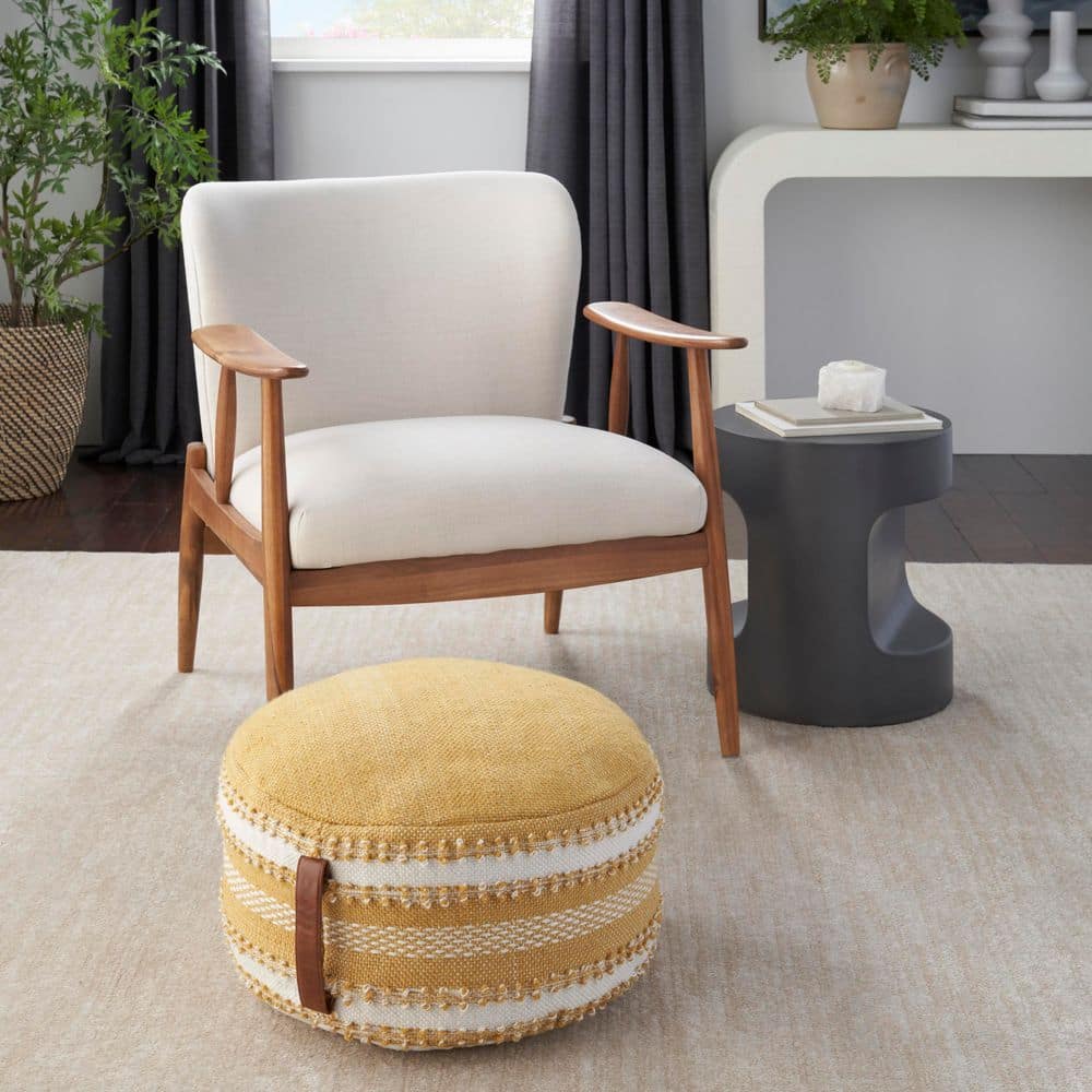 Sunbeam Yellow & White Geometric Woven Outdoor Pouf 20"