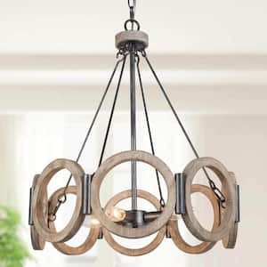 Farmhouse Geometric Drum Weathered Wood Chandelier, 4-Light Gray Circle Kitchen Island Pendant with Sputnik Candlestick