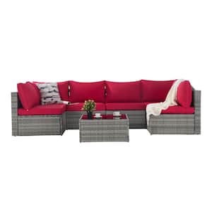 7 Pieces Mix Grey Wicker Patio Conversation Set Outdoor Complete Patio Set Red Cushions and Coffee Table for Garden