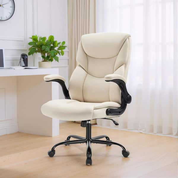 WONDER COMFORT Ergonomic PU Leather Seat High Back Heavy Duty Office Executive Chair in Cream with Flip-up Arms