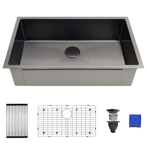 32 in. Undermount Black Single Bowl Kitchen Sink-16-Gauge Stainless Steel, with Grid, Strainer and Drying Rack