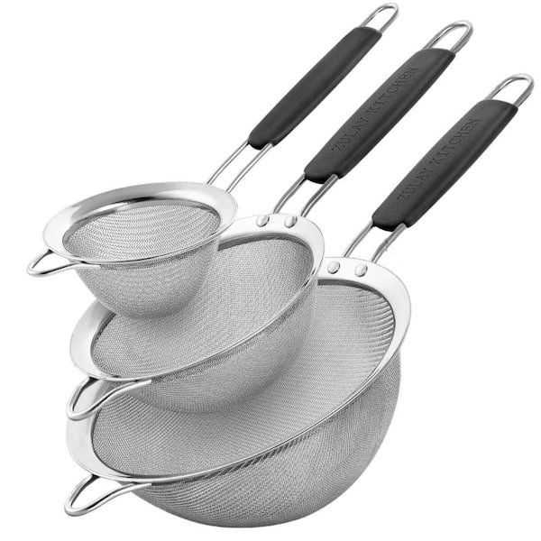 Zulay Kitchen Premium Stainless Steel Fine Mesh Strainer (Set of 3) - Black