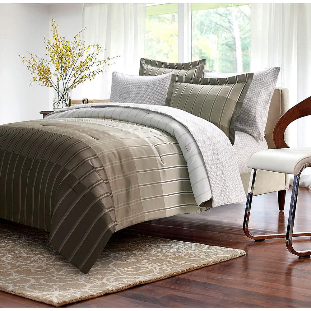 Brown Grey Ombre Stripe 8 Piece Taupe Queen Comforter Set Bg180180143 The Home Depot