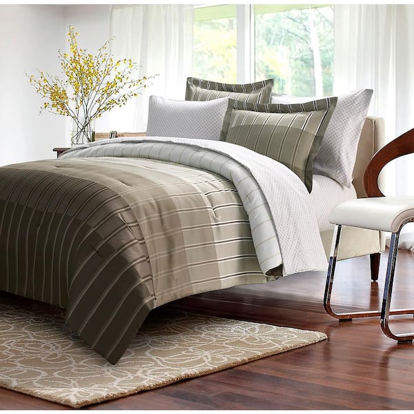 Brown & Grey Ombre Stripe 8-Piece Taupe Queen Comforter Set