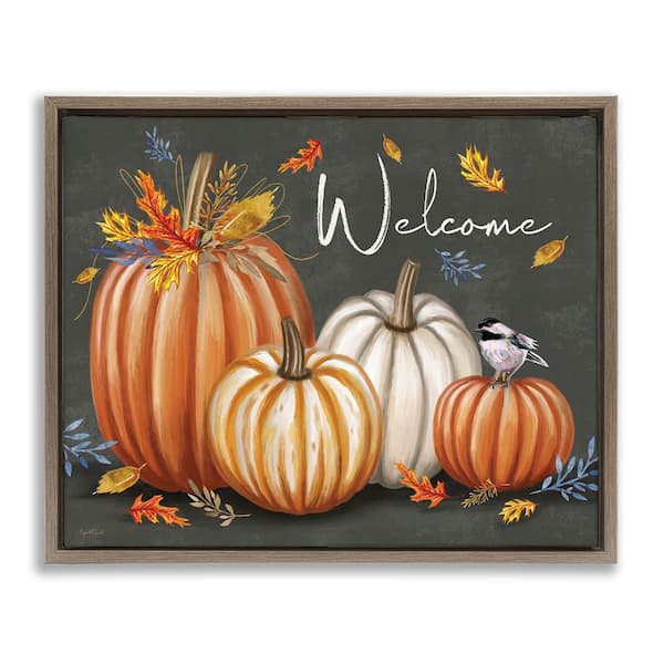 Stupell Industries Welcome with Autumnal Pumpkins by Elizabeth Tyndall Brown Floater Frame Typography Graphic Art Print 25 in. x 31 in.
