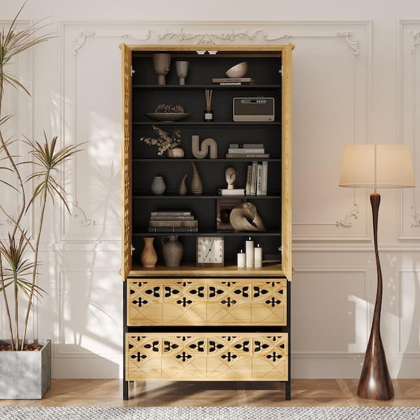 Walnut Wood Finish 70.9 in. Accent Cabinet Office Storage Cabinet with 6 Shelves and 2 Drawers, Carved Door Panels