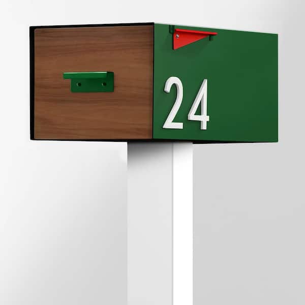 The Malone Color Series-Large Green Malone Post Mounted Mailbox with White Post and Sublimated Wood Door