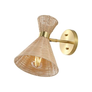Zoey 10 in. 1-Light Light Brown/Brass Gold Wall Sconce Mid-Century Vintage Retro Rattan/Metal LED with Adjustable Shade