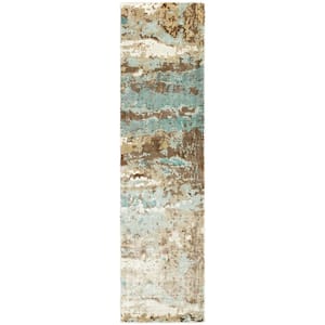 Formosa Blue/Brown 2 ft. x 10 ft. Abstract Distressed Hand-Loomed Viscose Indoor Runner Area Rug