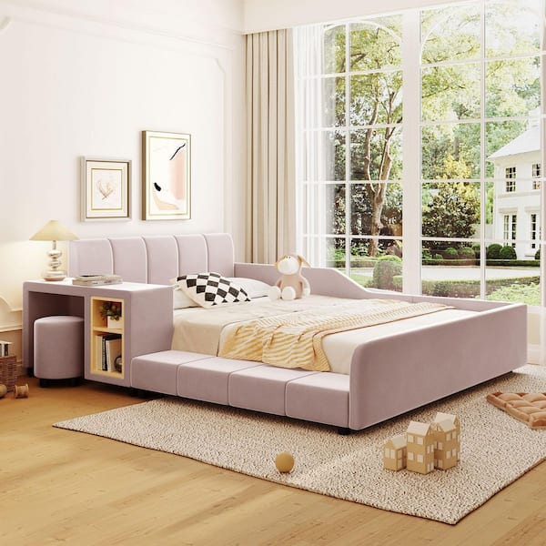 Pink Wood Frame Full Upholstered Platform Bed with Bedside Desk and Little Round Stool
