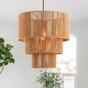 1-Light Black Tiered Jute Rope Chandelier