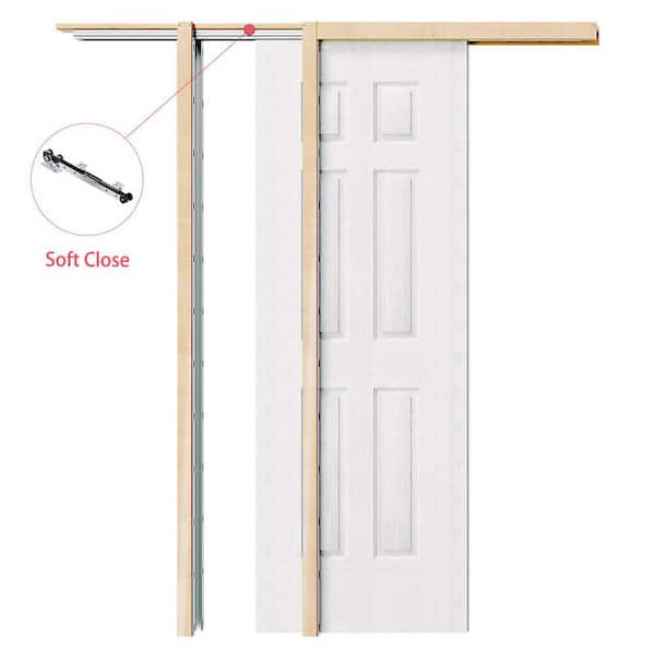 24 in. x 80 in. White Primed 6-Panel Wood Pocket Door with Soft Close, Frame and Full Accessories, Hollow Core