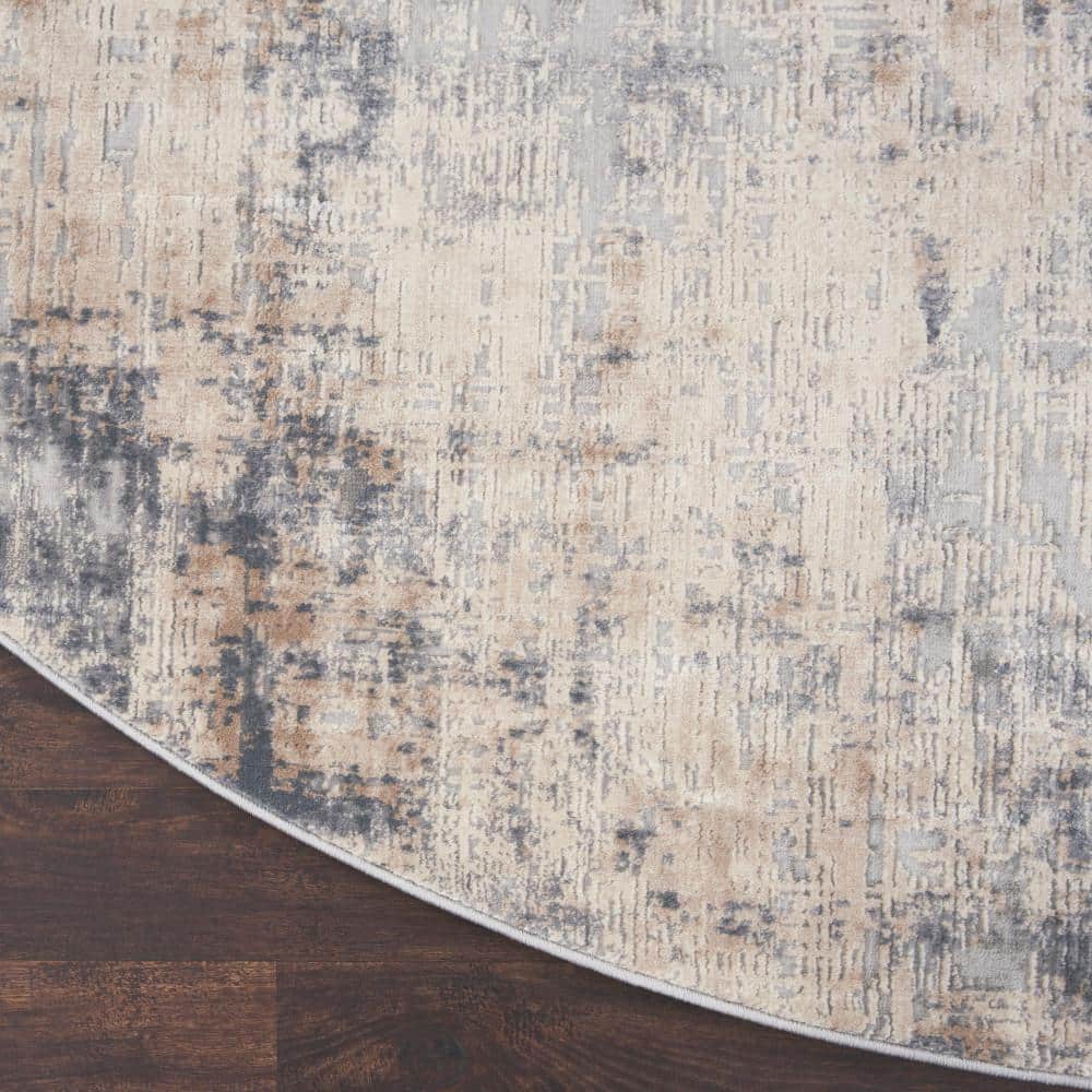 Abstract Grey & Beige Synthetic Round Area Rug, 7'10"
