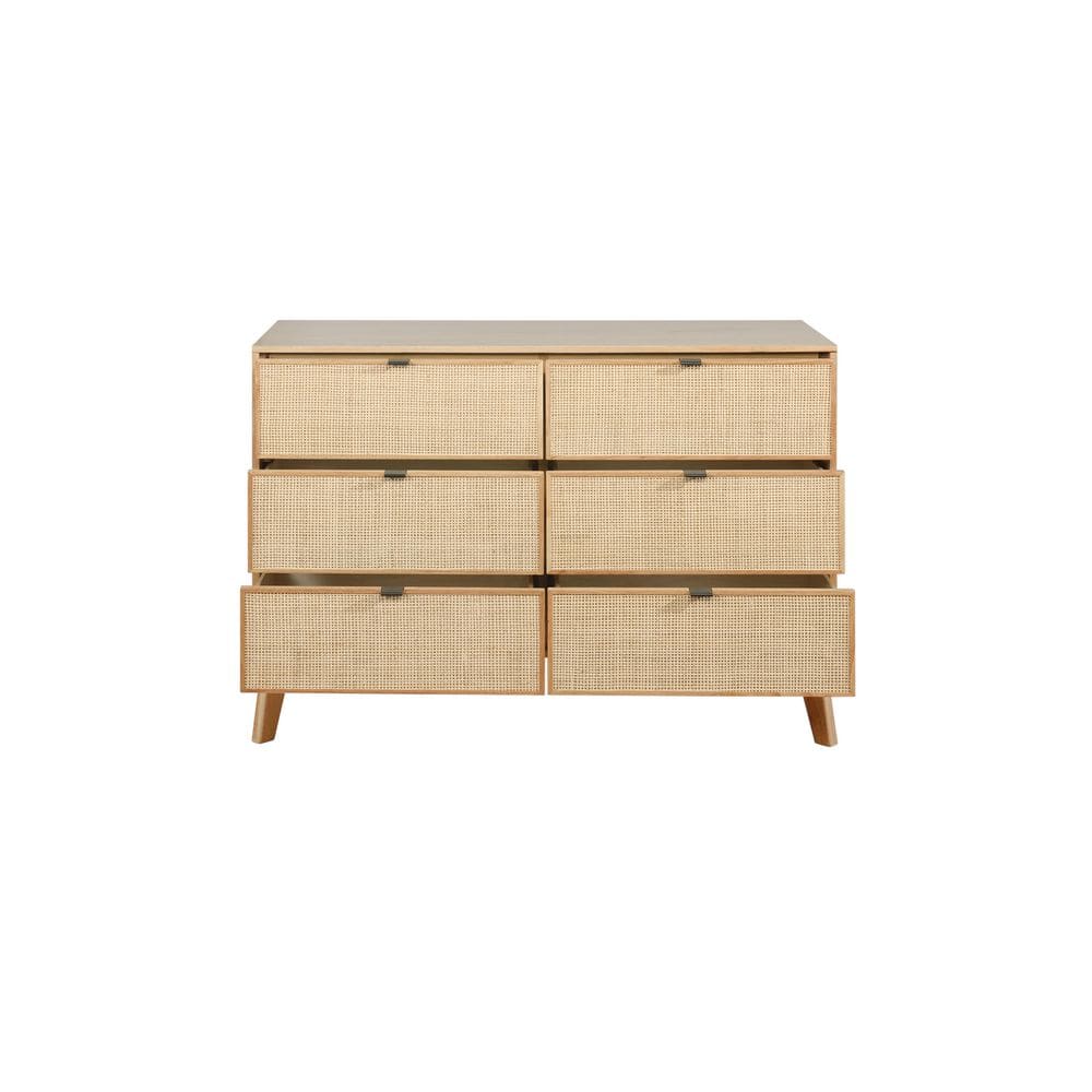 Mid-Century Natural Wood and Rattan 6-Drawer Dresser