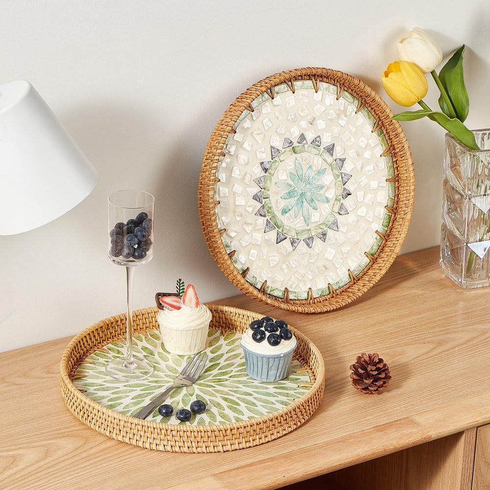 1 Piece Bohemia Rattan Fruit Bowl with Mother of Pearl Inlay and Wooden Base, Decorative Wicker Basket for Table Decor