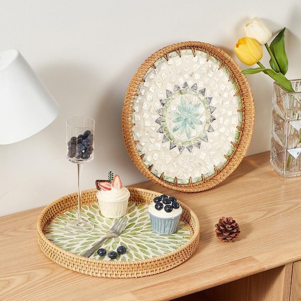 1 Piece Bohemia Rattan Fruit Bowl with Mother of Pearl Inlay and Wooden Base, Decorative Wicker Basket for Table Decor