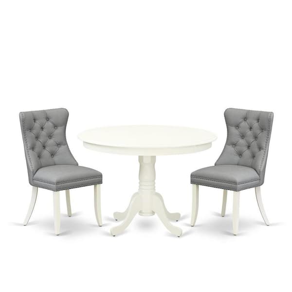 East West Furniture 3-Piece Linen White Finish Solid Wood Top-Round Upholstered Dining Room Set-Seats 4