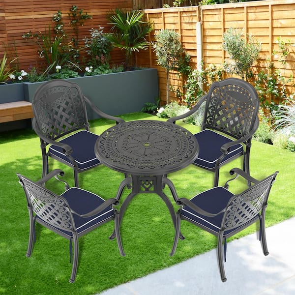 Willit Isabella 5-Piece Cast Aluminum Outdoor Dining Set with 31.50 in. Round Table and Random Color Seat Cushions