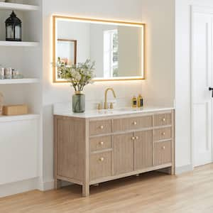 Cerrito 60" Single Sink Freestanding Nature Oak Bath Vanity with Grain White Engineered Stone Top Assembled and Mirror