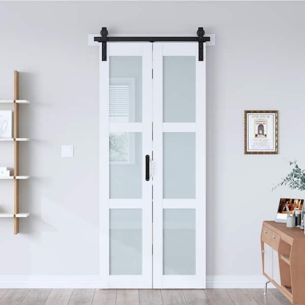 36 in. x 84 in. 3-Lite Tempered Frosted Glass Solid Core White Finished MDF Wood Bi-Fold Door with Hardware Kit
