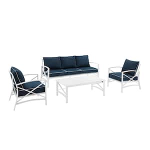 Kaplan White 4-Piece Metal Patio Conversation Set with Navy Cushions