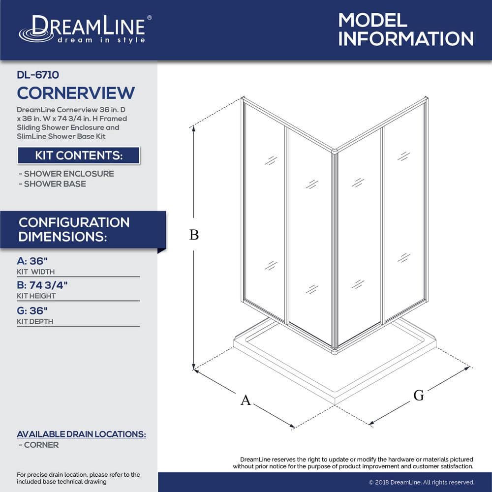 Cornerview 36" x 74.75" Chrome Framed Square Sliding Shower Enclosure