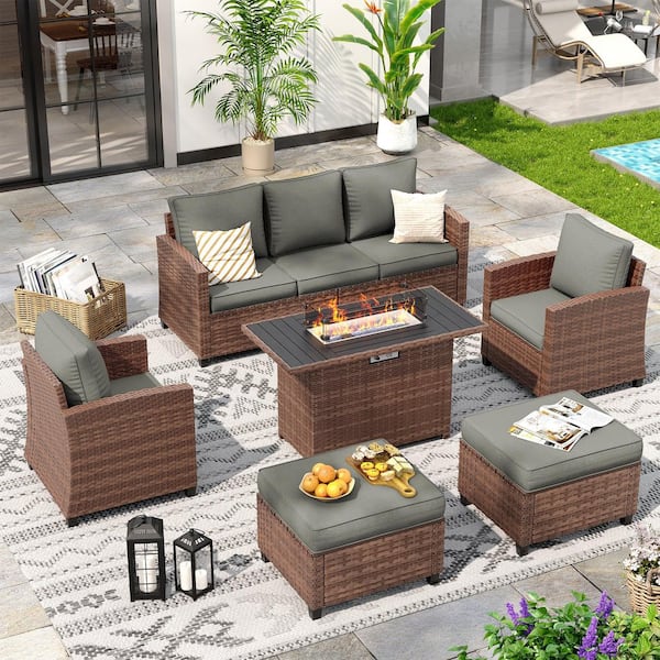 Unbranded Brown Wicker 5-Person 6-Pieces Patio Conversation Set with Gray  Cushions and Brown Fire Pit Table QLZ060GR-5-MVQ