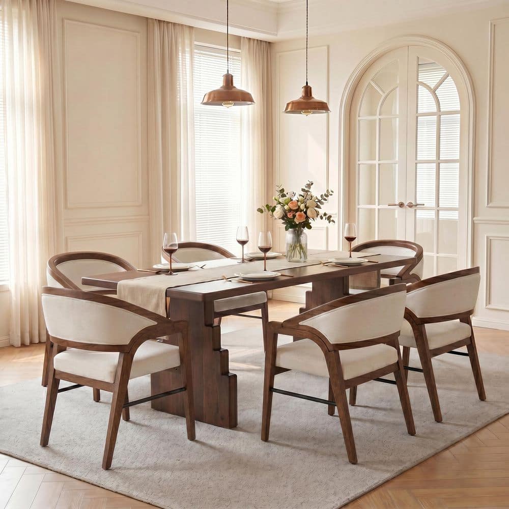 Ulen Country Walnut Finish Solid Wood and White Fabric Upholstered Dining Arm Chairs with Curved Backrest, Set of 6 price history on PriceWatchPro