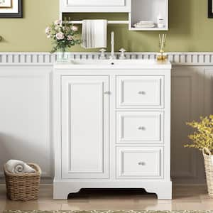 29.96 in. W Single Sink Freestanding Bath Vanity in White with White Ceramic Top, 3 Drawers and 1 Adjustable Shelf