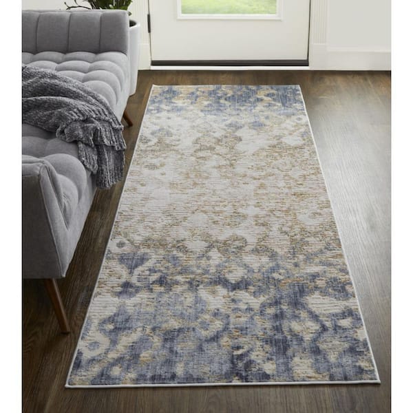 2 X 8 Tan, Ivory Abstract Runner Rug