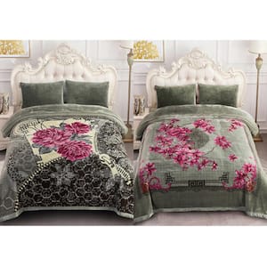 Green Flower 2-Ply Reversible Polyester Fleece Mink 85 in. x 93 in. 10 lbs. Winter Blanket