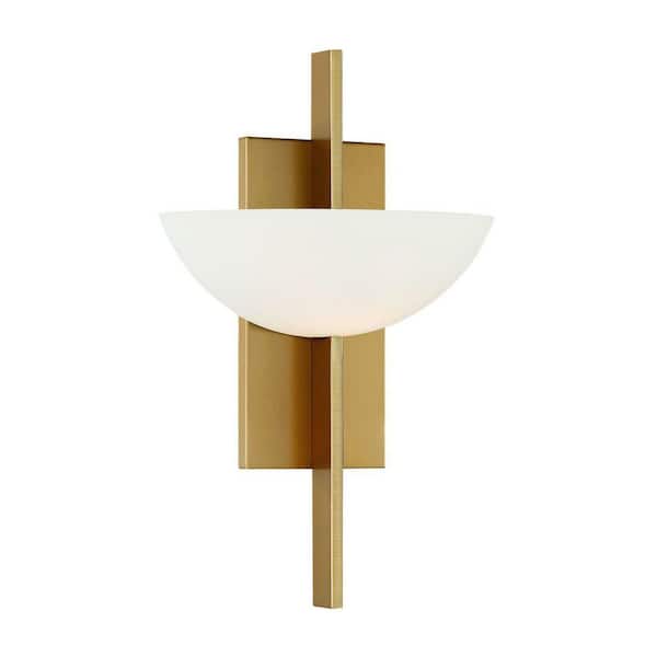 Savoy House Fallon 10 in. W x 15 in. H 1-Light Warm Brass Wall Sconce with White Opal Glass Shade