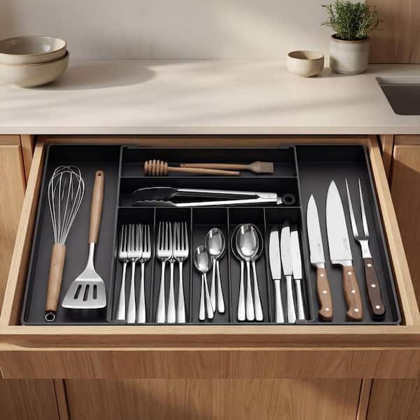 9-Slot Expandable Kitchen Drawer Organizer, Stainless Steel Frame Silverware Drawer Organizer, Non-Slip Feet, Black