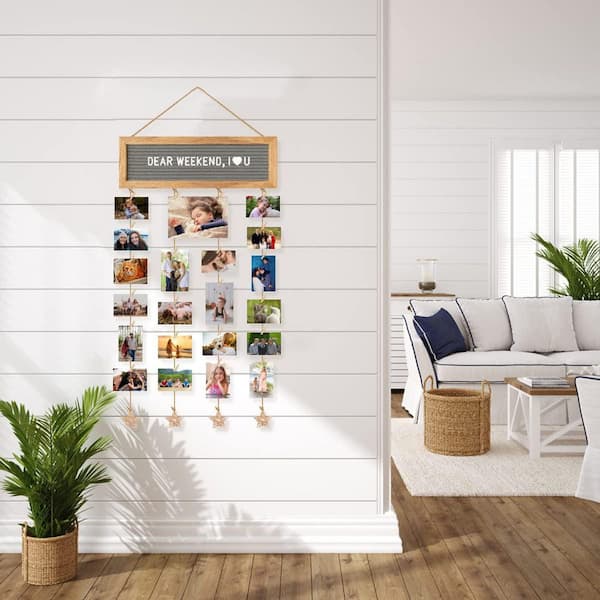 16 x 20 Picture Frame Collage Set in White Oak Wood W/ Felt Letter Board 340 Letters 30 Clips Hemp Rope for Wall Decor