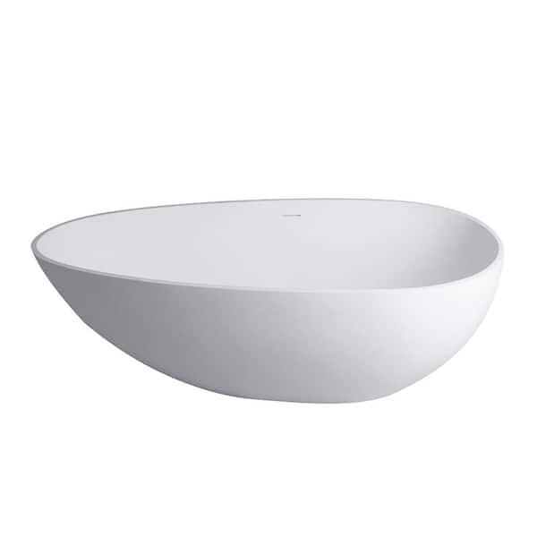 Dszt 67 in. x 33.5 in. Solid Surface Stone Resin Freestanding Soaking Bathtub with Center Drain in Matte White