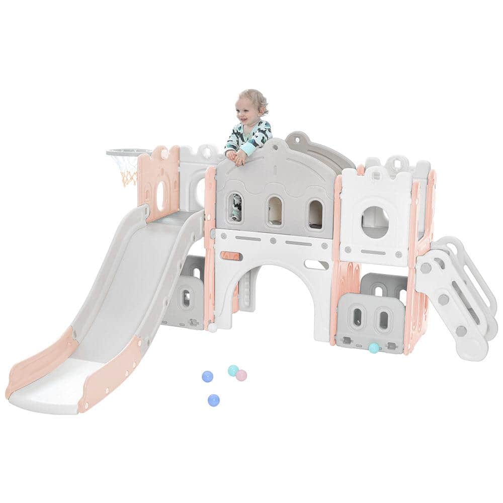 5-in-1 Indoor/Outdoor Freestanding Kids Slide Playset Structure with Castle