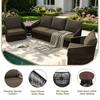 Outdoor patio conversation set with throw blanket beside a pool.