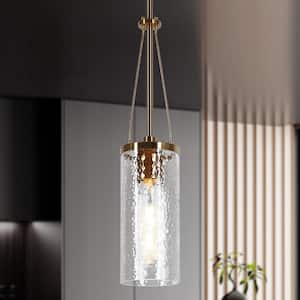 Letophafos 60-Watt 1-Light Brass Drum Mini Pendant-Light with Hammered Glass Shade and No Bulb Included
