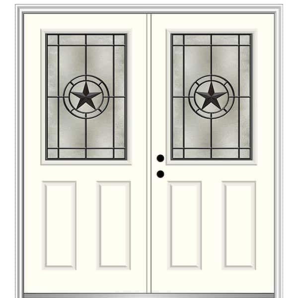 MMI Door Elegant Star 72 in. x 80 in. Right-Hand 1/2 Lite Decorative Glass Alabaster Painted Fiberglass Prehung Front Door