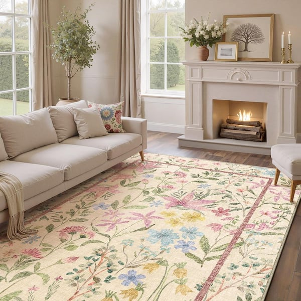 Pink Love Pink 9 ft. x 12 ft. Floral Washable Area Rug