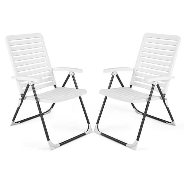 Unbranded Metal Folding Outdoor Lounge Chair Reclining Chair with 7-Level Backrest Set of 2 in White
