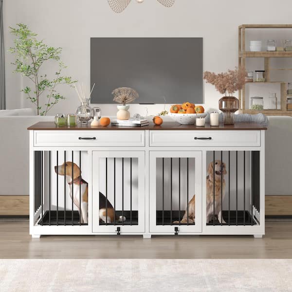 FUFU&GAGA Modern Large Dog Crate Furniture with 2 Drawers, Indestructible Dog Kennel with Trays Removable Irons for 2 Dogs, White