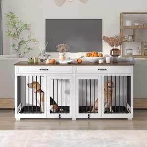 Modern Large Dog Crate Furniture with 2 Drawers, Indestructible Dog Kennel with Trays Removable Irons for 2 Dogs, White