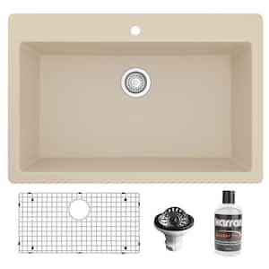 33 in. Large Single Bowl Drop-In Kitchen Sink in Bisque with Bottom Grid and Strainer
