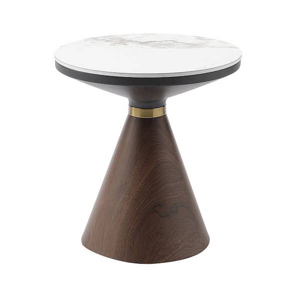 Lazzara Bevan 20 In. White/Oak Round Sintered Stone Top End Table