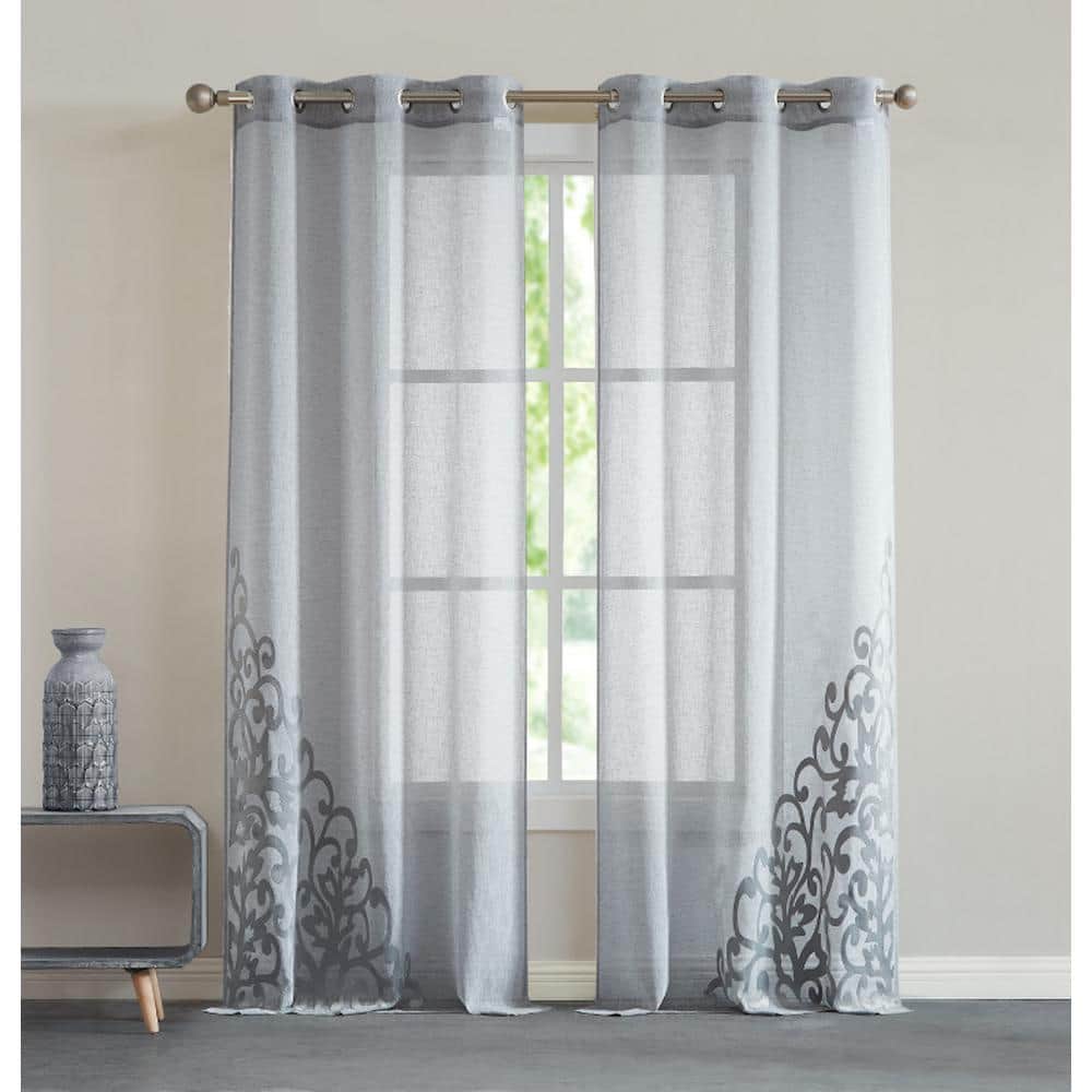 Natalie 76 x 84 Velvet Applique Window Curtain in Silver