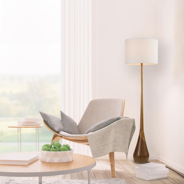 Harrington 65 in. Faux Wood Floor Lamp with White Fabric Shade