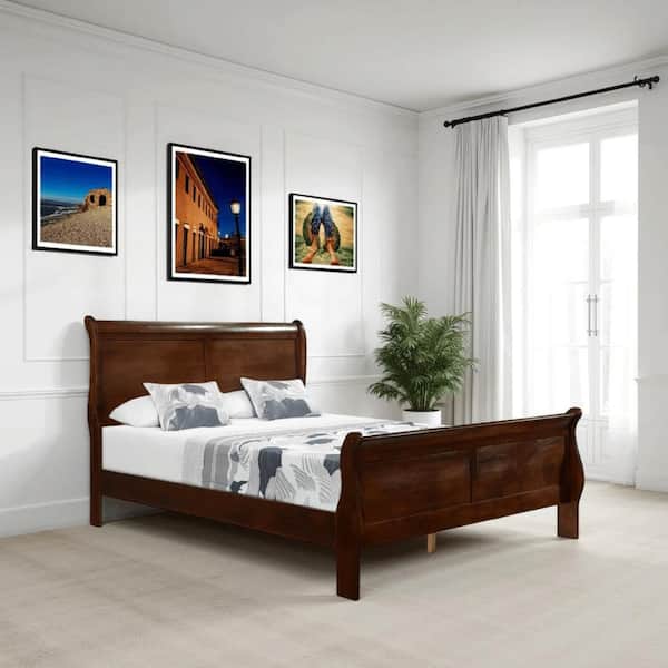 6月22日まで　木製座卓 ダークブラウン アシュレイ Benjara Gage Brown Cherry Wood Queen Sleigh Bed BM295816 - The