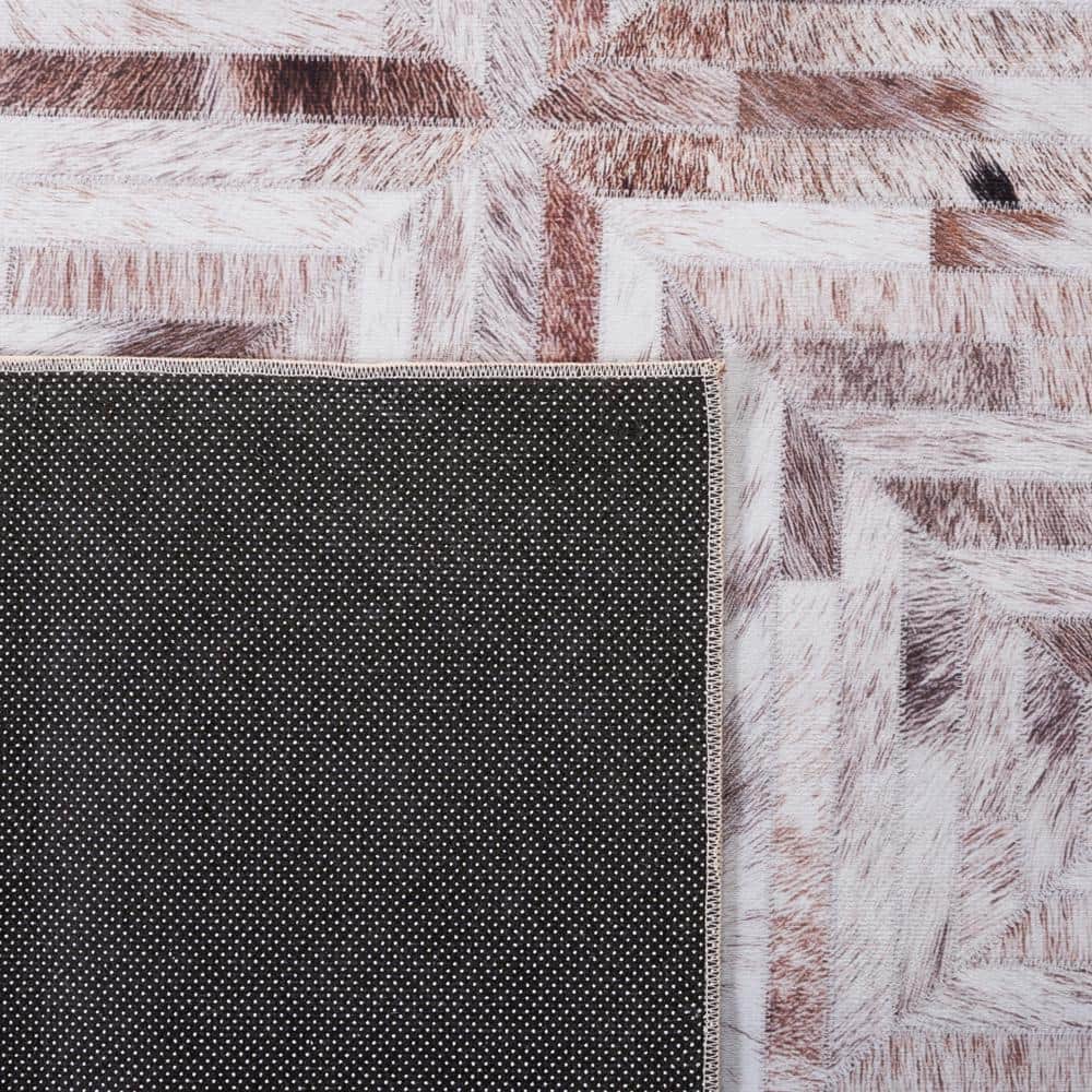 Beige and Brown Geometric Faux Fur 9' x 12' Rug