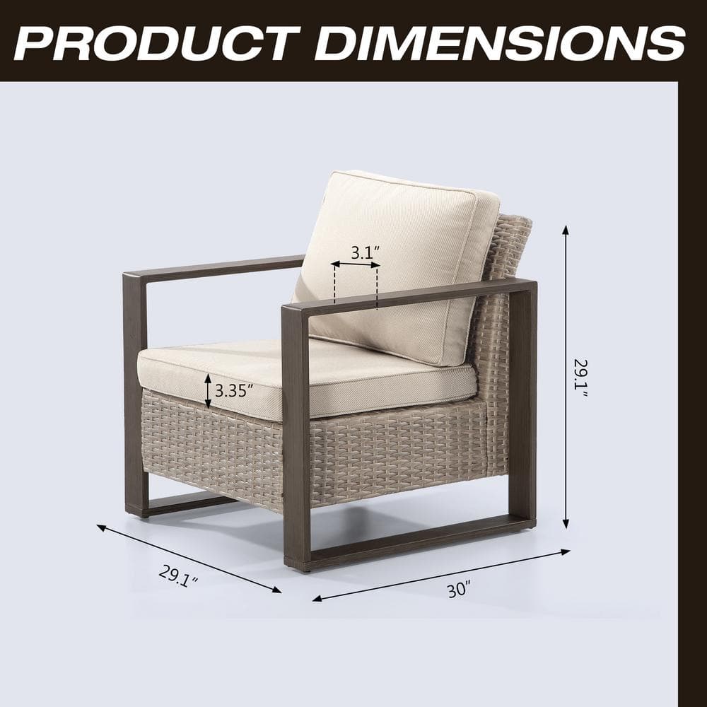 Beige Wicker Outdoor Lounge Chairs with Cushions and Metal Frame